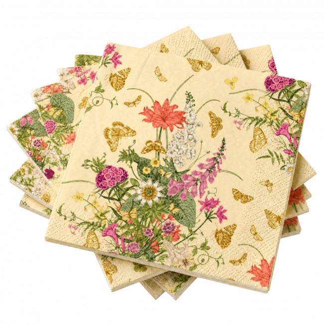 Stack of custom printed cocktail napkins with botanical floral and butterfly illustration in pink, coral, and yellow, luxury event stationery by Embossed Studio