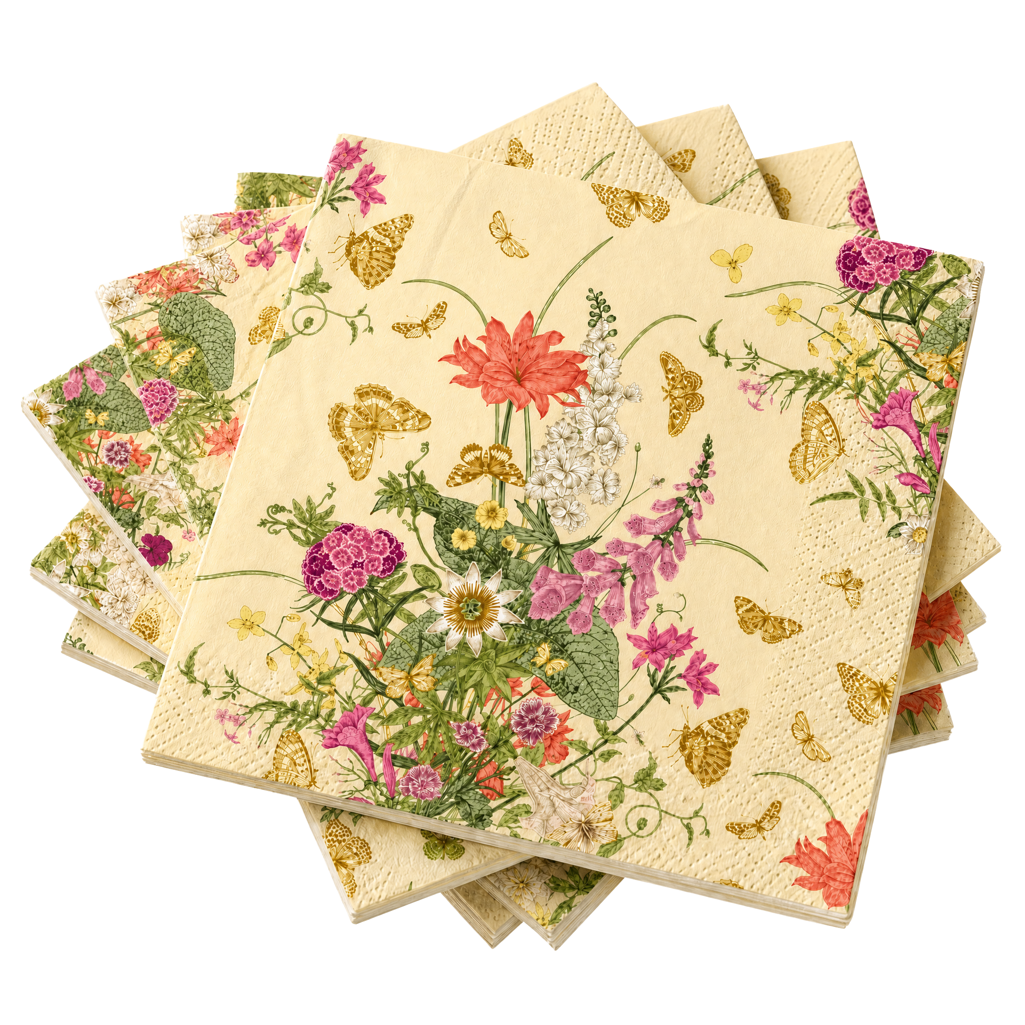 Stack of custom printed cocktail napkins with botanical floral and butterfly illustration in pink, coral, and yellow, luxury event stationery by Embossed Studio