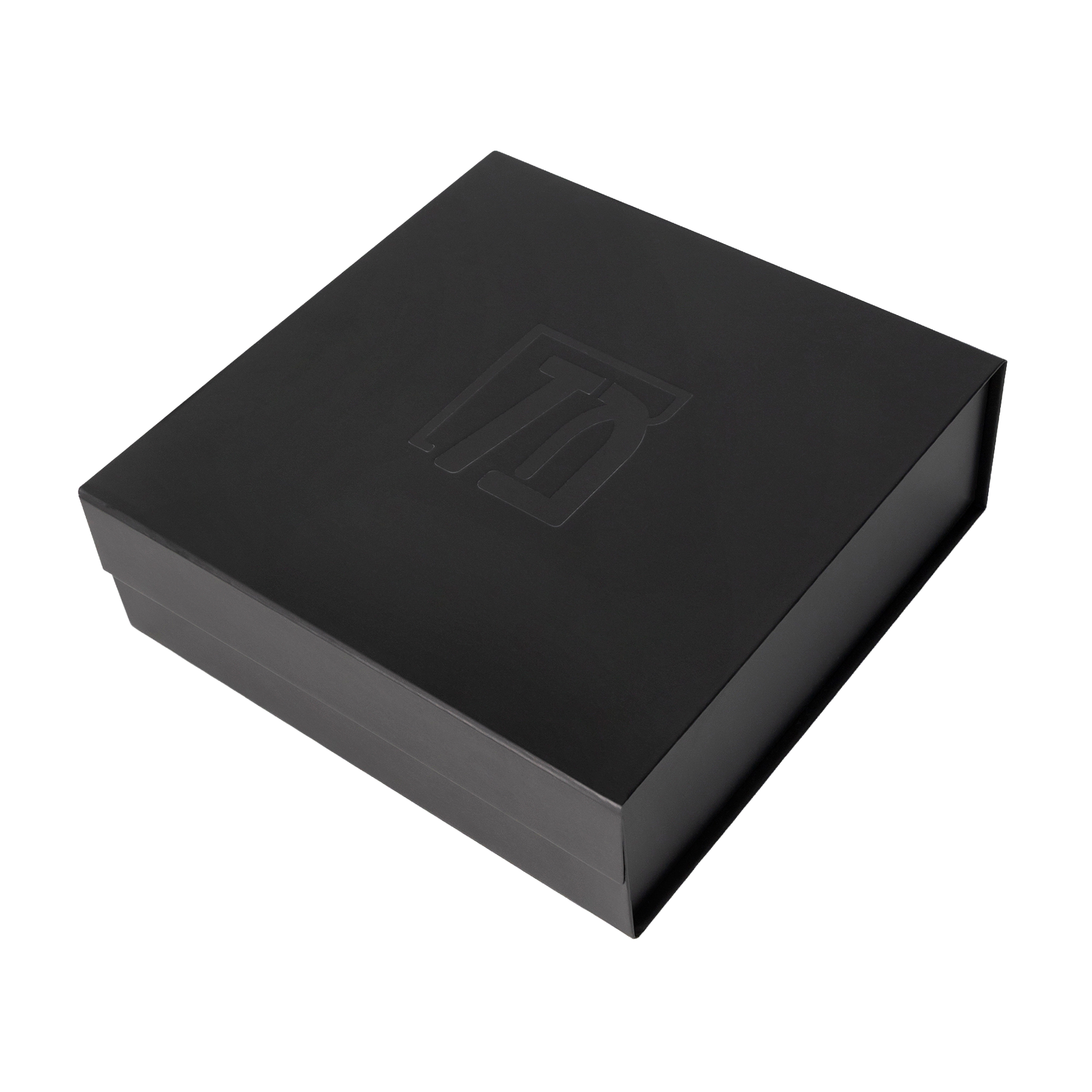 Custom matte black magnetic gift box with debossed monogram logo, luxury branded packaging by Embossed Studio