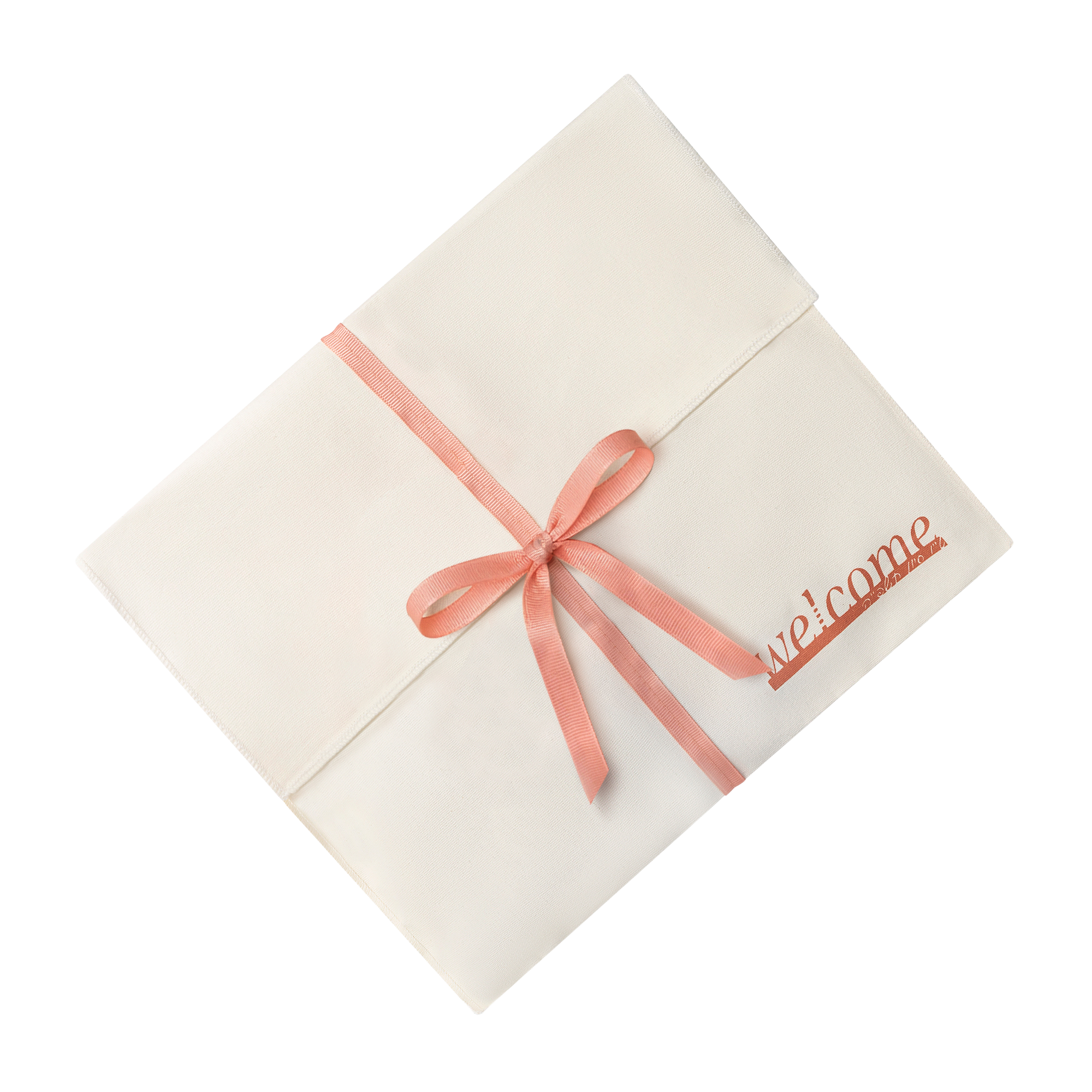 Ivory fabric envelope pouch with blush pink grosgrain ribbon bow and custom rose gold foil welcome print, luxury gift packaging