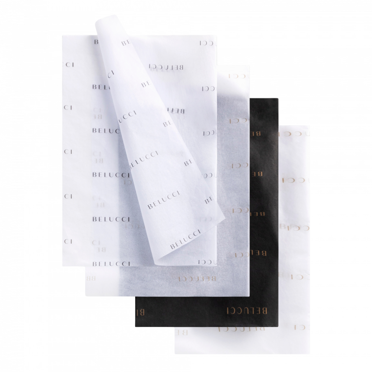 Custom branded tissue paper in white and black with repeat logo print, luxury packaging tissue for retail and gift wrapping by Embossed Studio