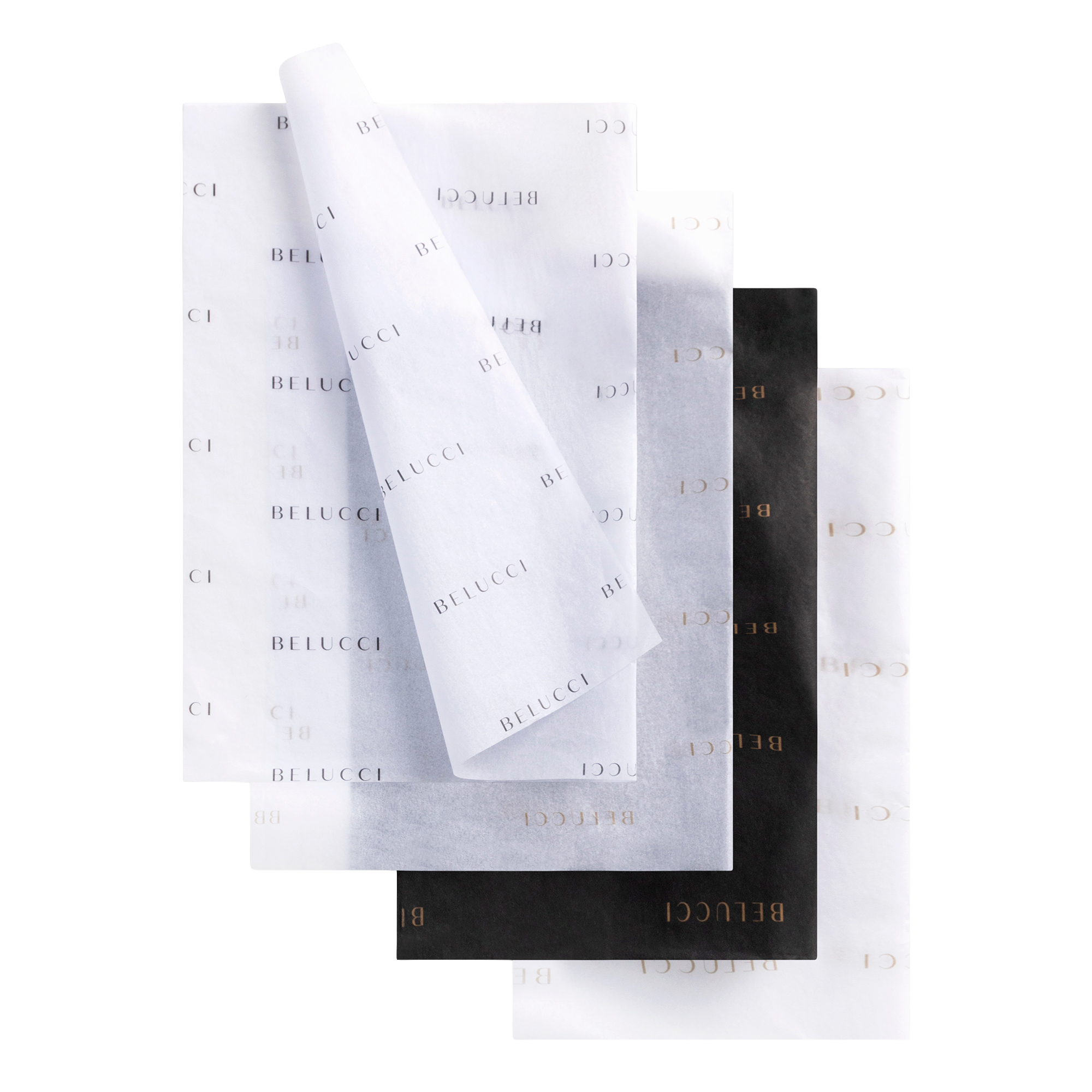 Custom branded tissue paper in white and black with repeat logo print, luxury packaging tissue for retail and gift wrapping by Embossed Studio