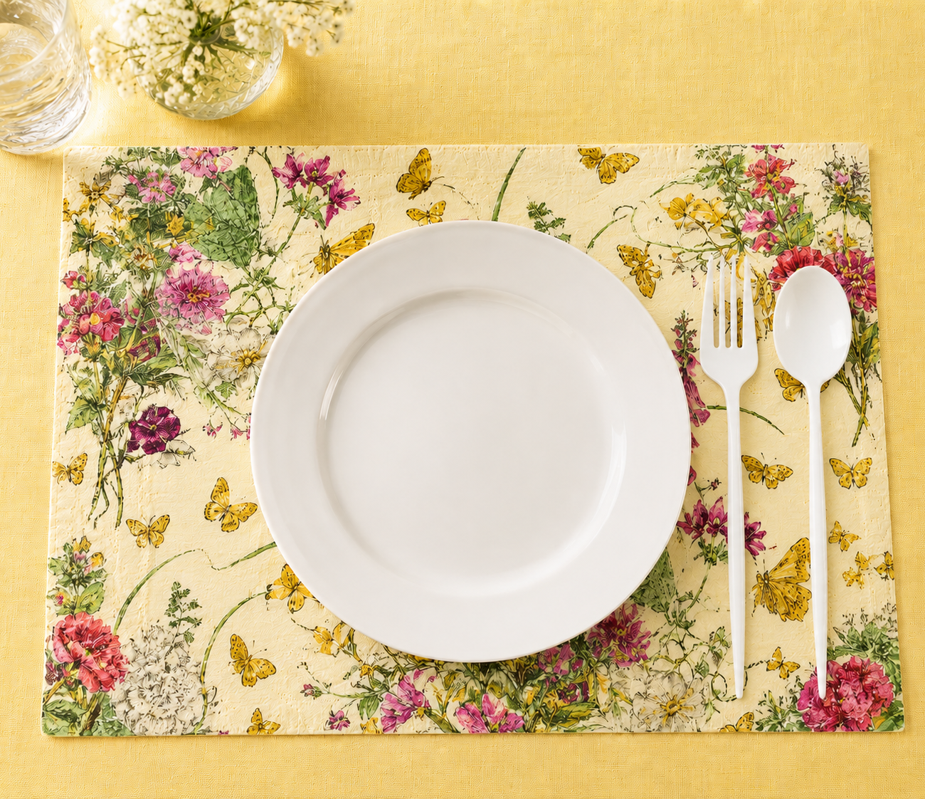 Custom printed floral and butterfly placemat in yellow with pink wildflowers, styled luxury table setting by Embossed Studio