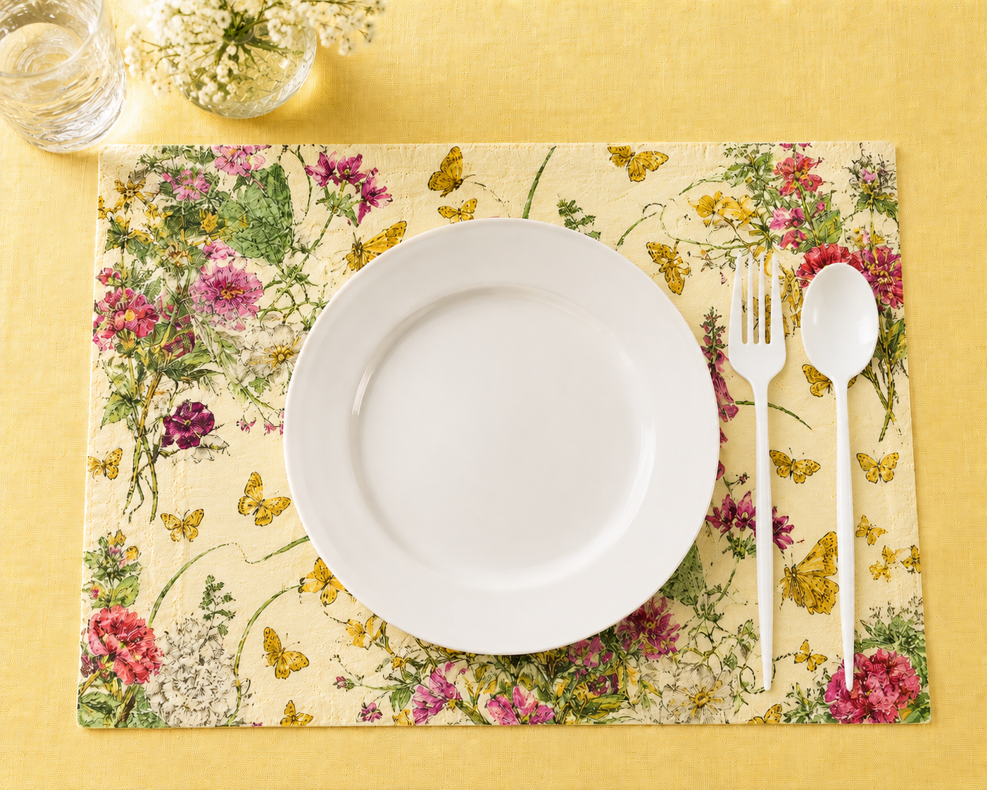 Custom printed floral and butterfly placemat in yellow with pink wildflowers, styled luxury table setting by Embossed Studio